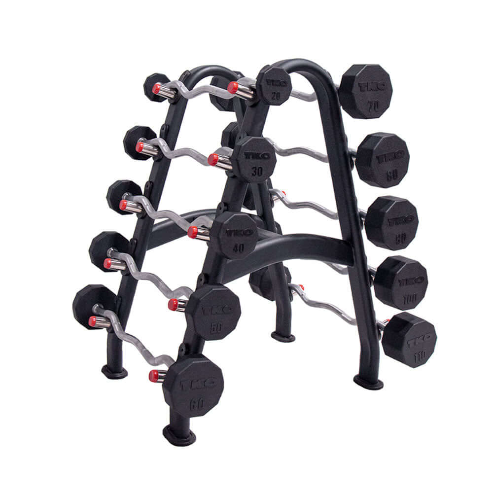 TKO 10 Sided Rubber Ez Curl Bar Set 20 lb to 110 lb with Rack