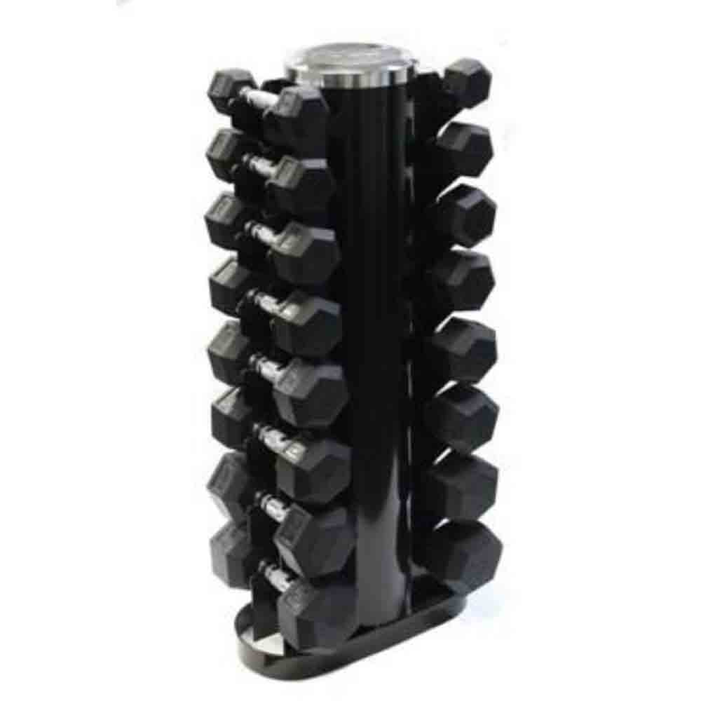 USA 5-30lb Rubber Hex Dumbbells 8-Pair Vertical Rack – Gym Gear Direct
