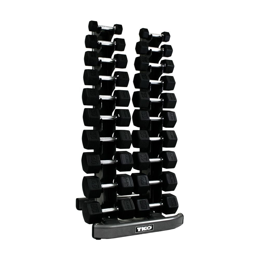 TKO 5 lb to 50 lb Hex Virgin Rubber 10 Pair with vertical rack