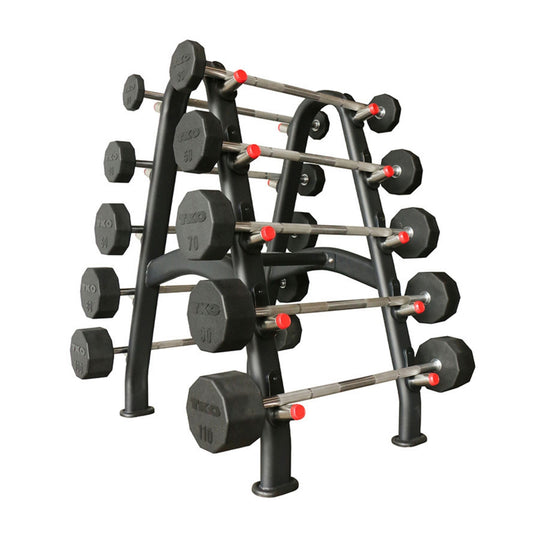 TKO 20 lb to 110 lb 10 sided rubber straight fixed barbell set on rack