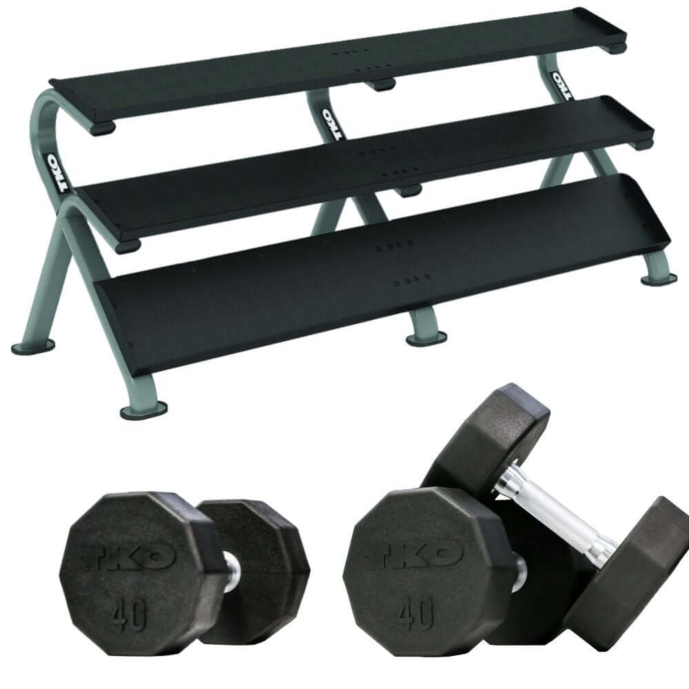 TKO Mega rack holds a complete set of 5 lb to 100 lb dumbbells