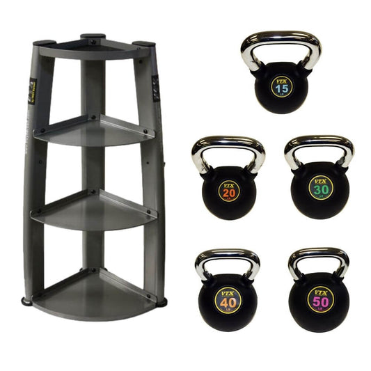 VTX 5 piece Club Kettlebell Set 15 lb to 50 lb with Vertical Rack