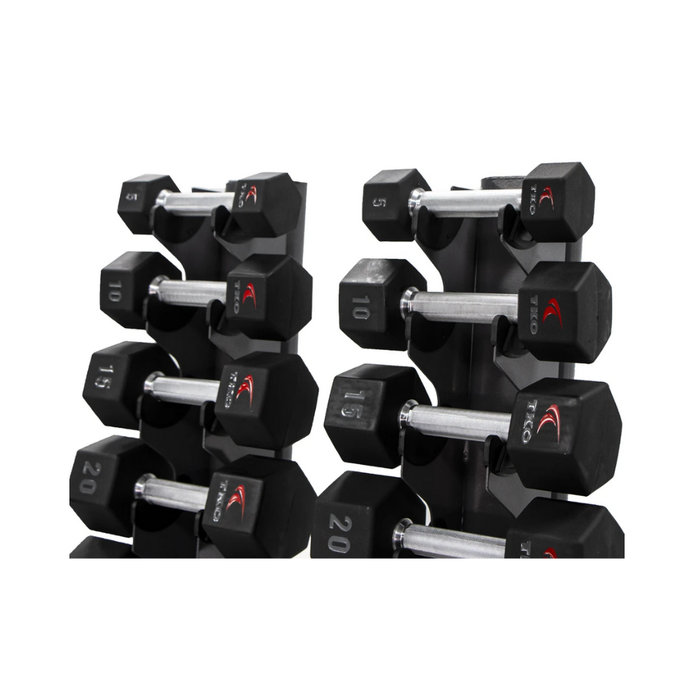 TKO 10 Pair Vertical Dumbbell Rack showing 5 lb to 20 lb on rack