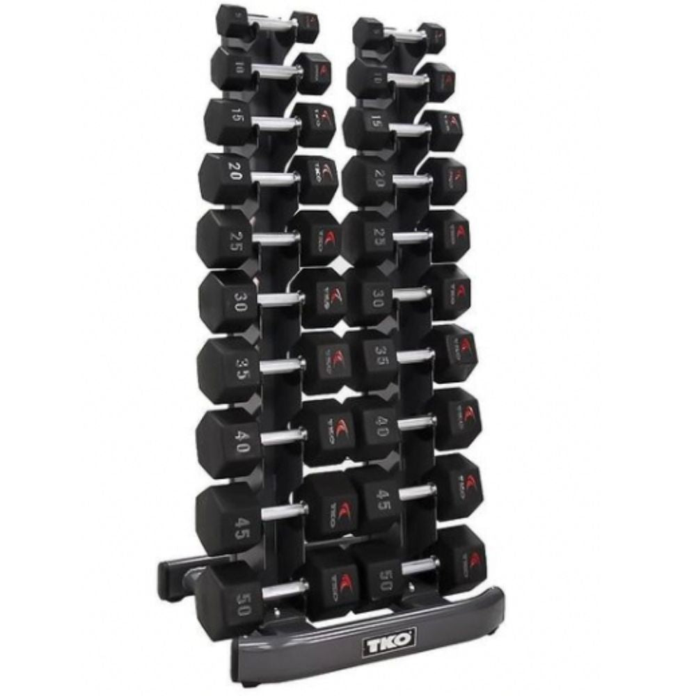 TKO 5 lb to 50 lb Urethane Hex 10 Pair Dumbbell Set with Vertical Rack from the side