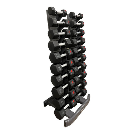 TKO 5 lbs to 25 lbs Urethane Hex Dumbbell Set with Vertical Rack
