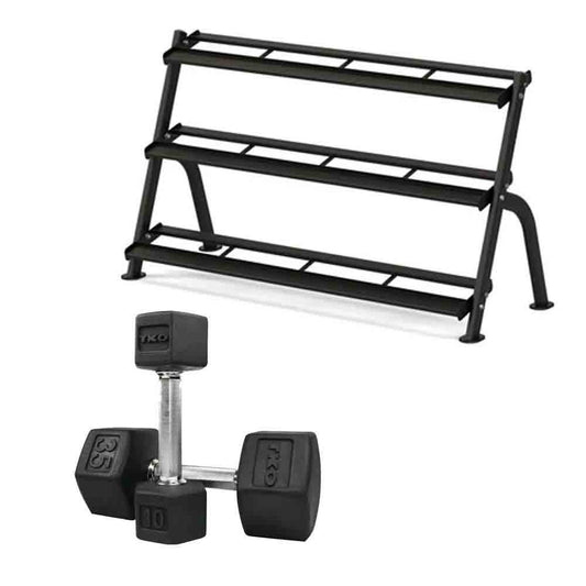 TKO 5 lb to 75 lb Tri-Grip Rubber Hex Dumbbell Set with Rack