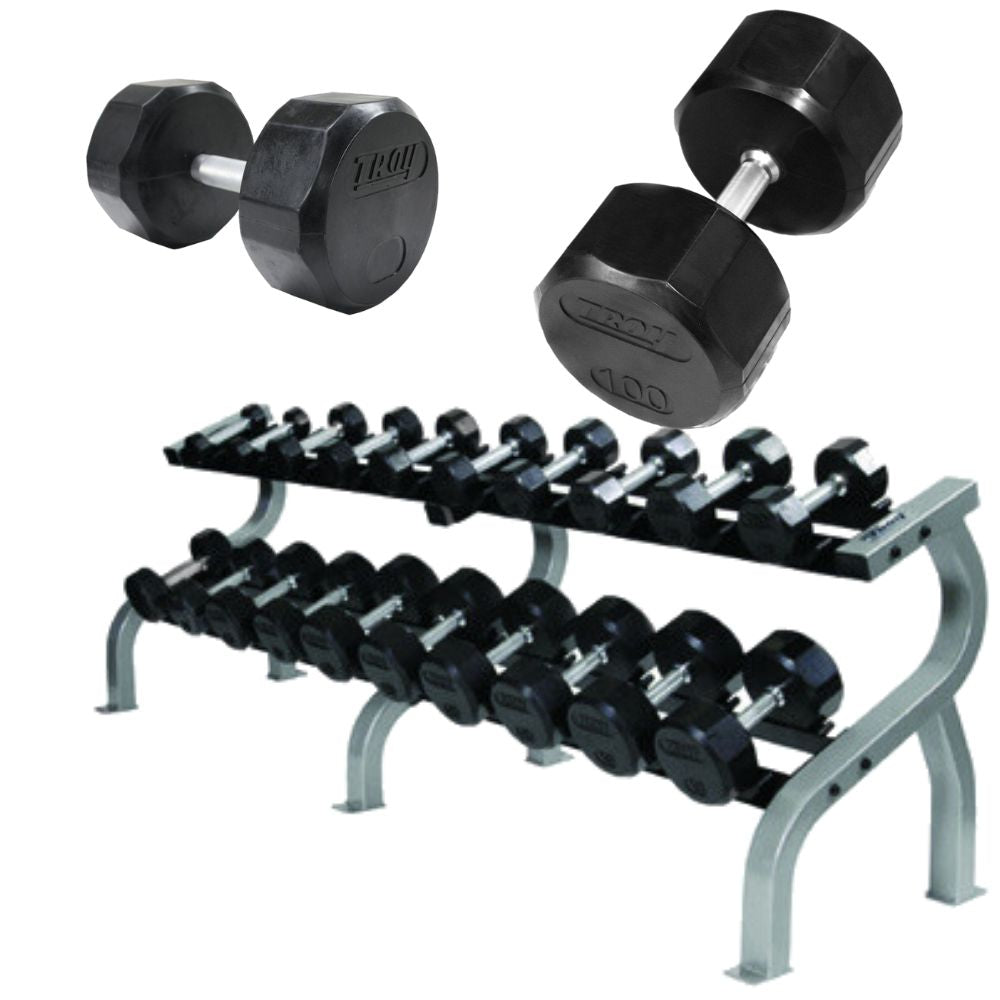 Troy 55 lb to 100 lb 12-Sided 10 Pair Premium Rubber Encased Dumbbells with Rack