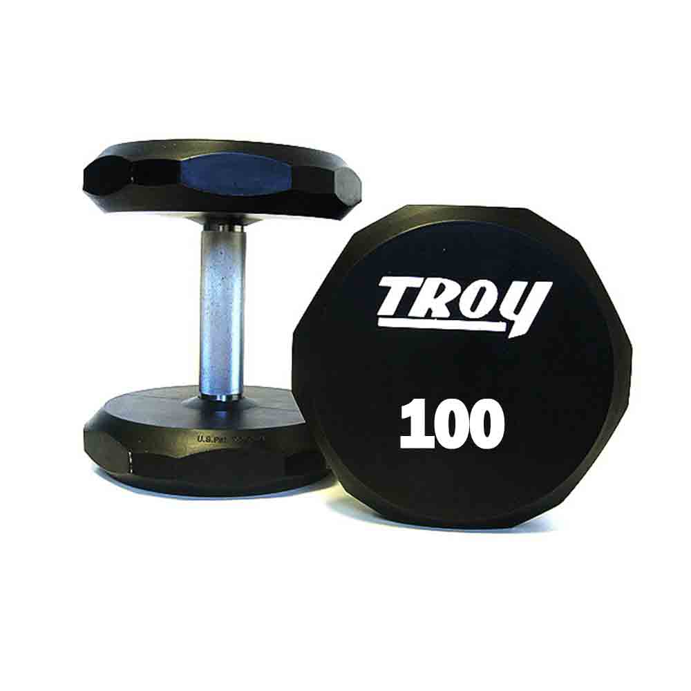 A pair of 100 lb Troy urethane dumbbells