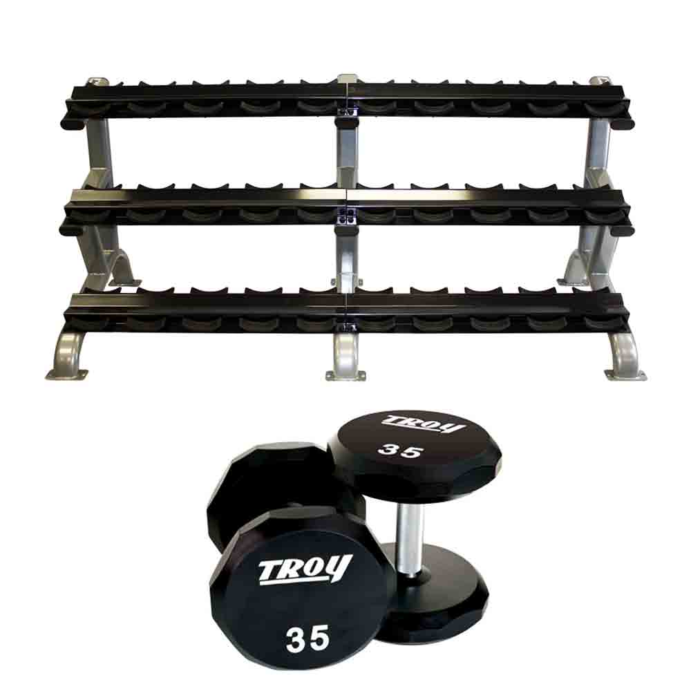 Troy 5 lb to 75 lb 12 Sided Urethane Dumbbell Set with Rack