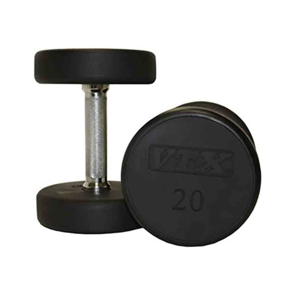 VTX 5 lbs to 100 lbs Round Head Urethane Dumbbell Set 20 Pair With 3-Tier Horizontal Rack
