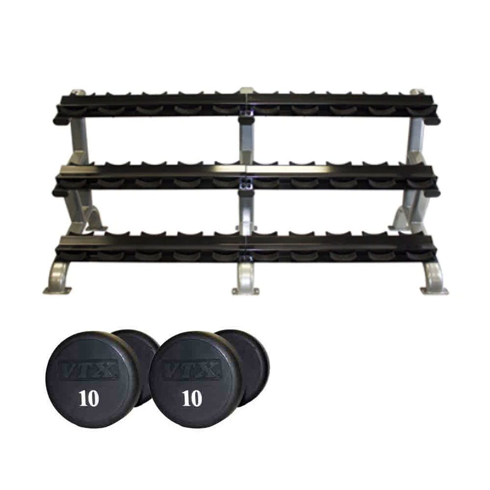 VTX 5 lbs to 100 lbs Round Head Urethane Dumbbell Set 20 Pair With 3-Tier Horizontal Rack