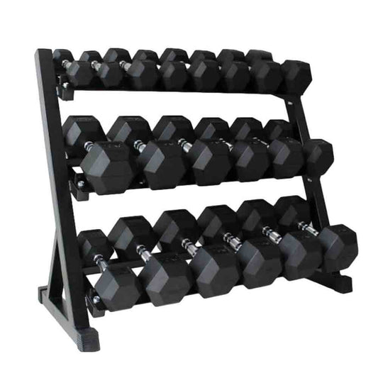 5 lb to 50 lb Hex Rubber Dumbbells with 3-Tier Rack