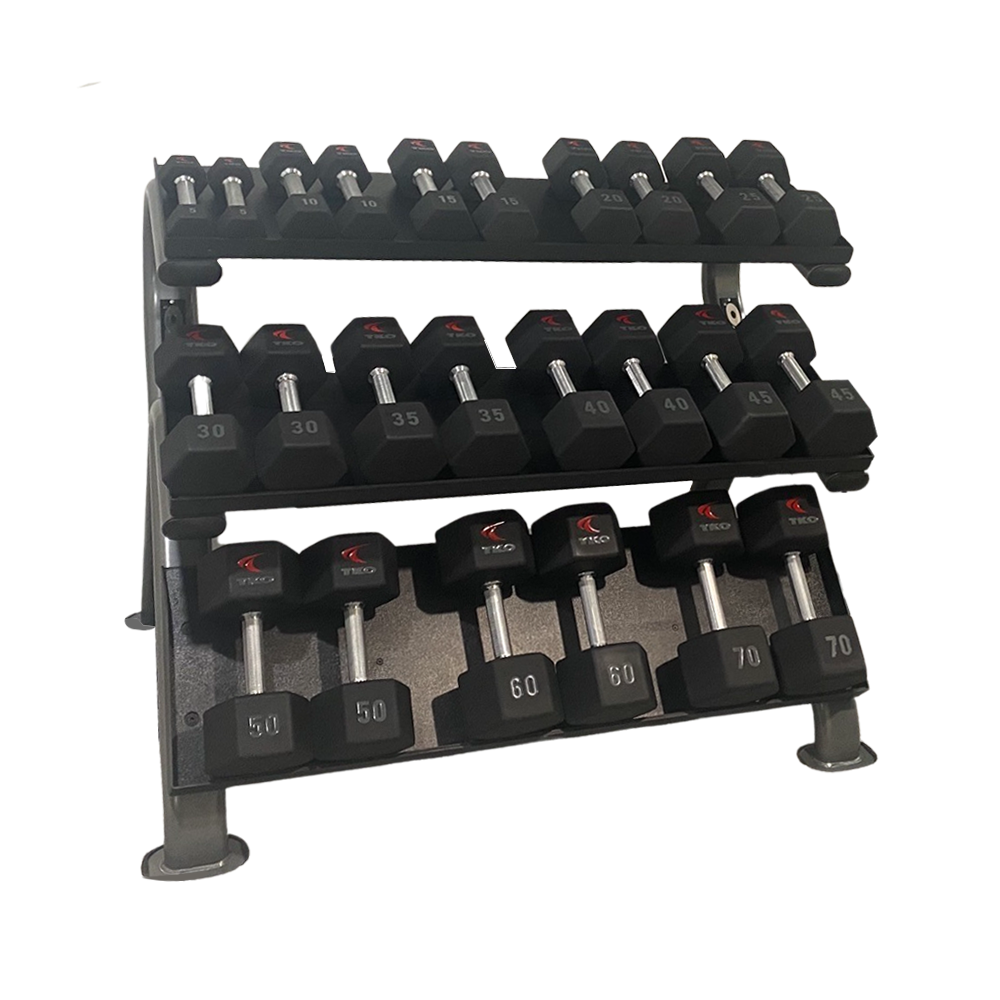 TKO 5 lb to 50 lb Urethane Hex 10 Pair Dumbbell Set with Shelf Rack